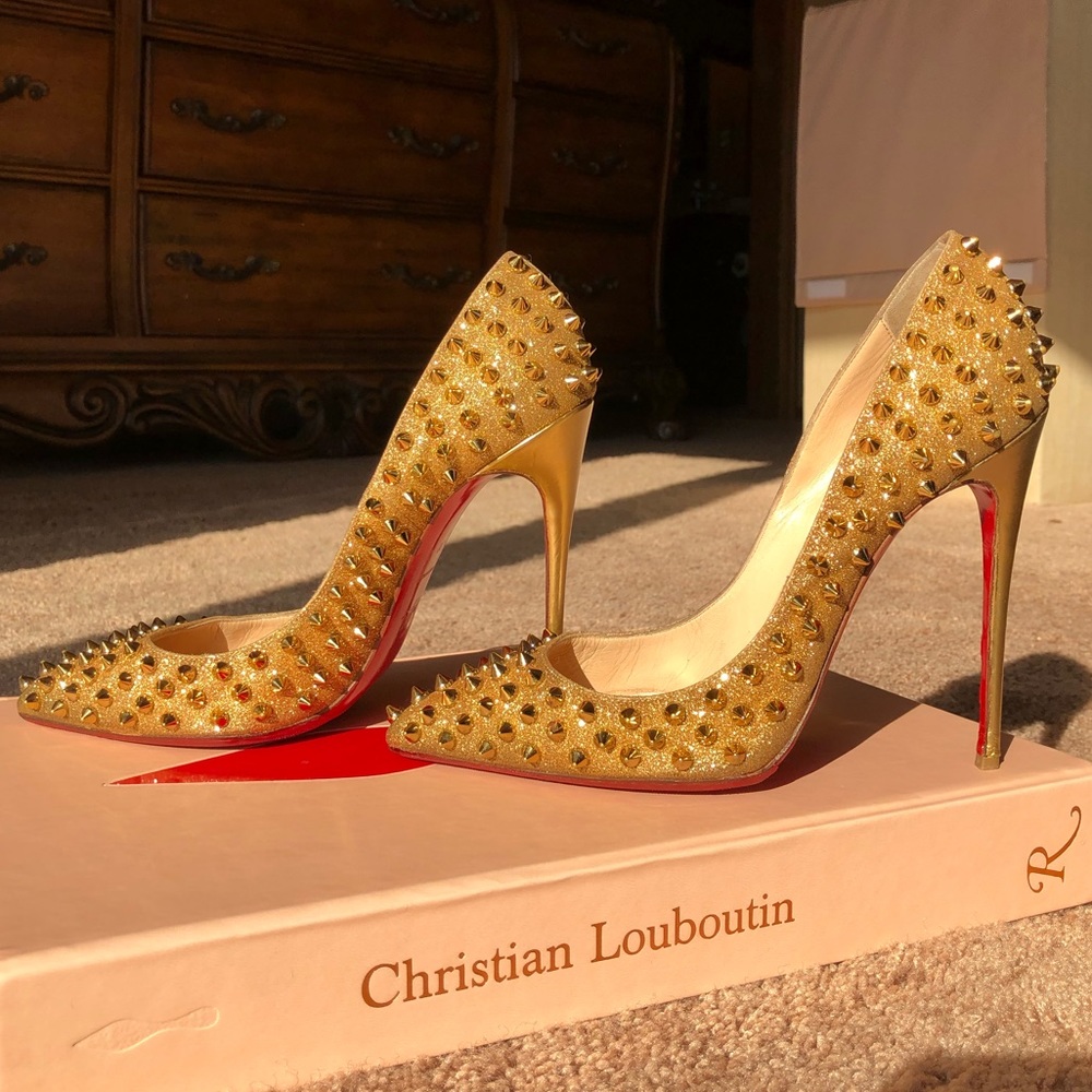 Christian Louboutin Follies Spikes Gold Glitter
